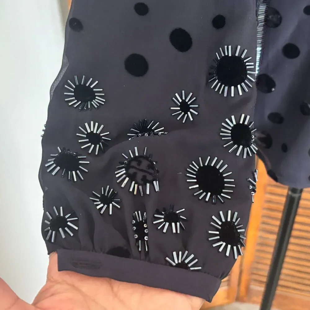 Tory Burch Angela Silk Velvet Dot Beaded Dark Navy Tunic Blouse Top Size 4